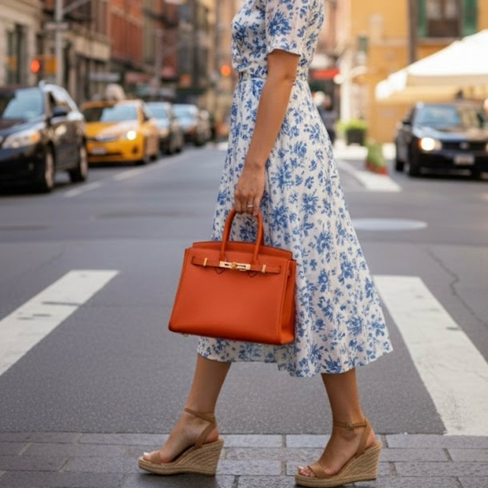 Orange Top Handle Leather Handbag with Gold Hardware - Picture 6 of 9